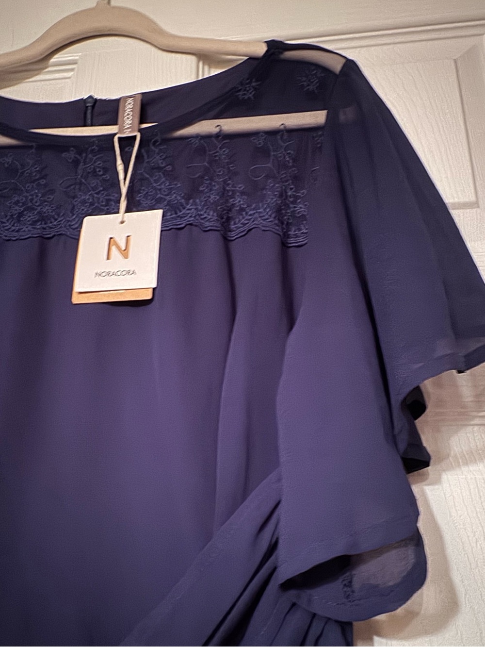 NWT Noracora Sz XL Navy Blue Midi Dress with Flutter Chiffon and Lace - Picture 4 of 12